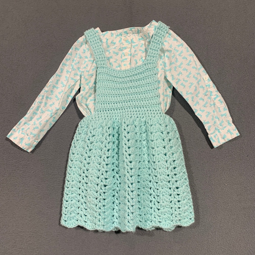 Carters 2t Toddler Girl Bunny Print Shirt & Handmade Crochet‎ Pinafore Dress Set